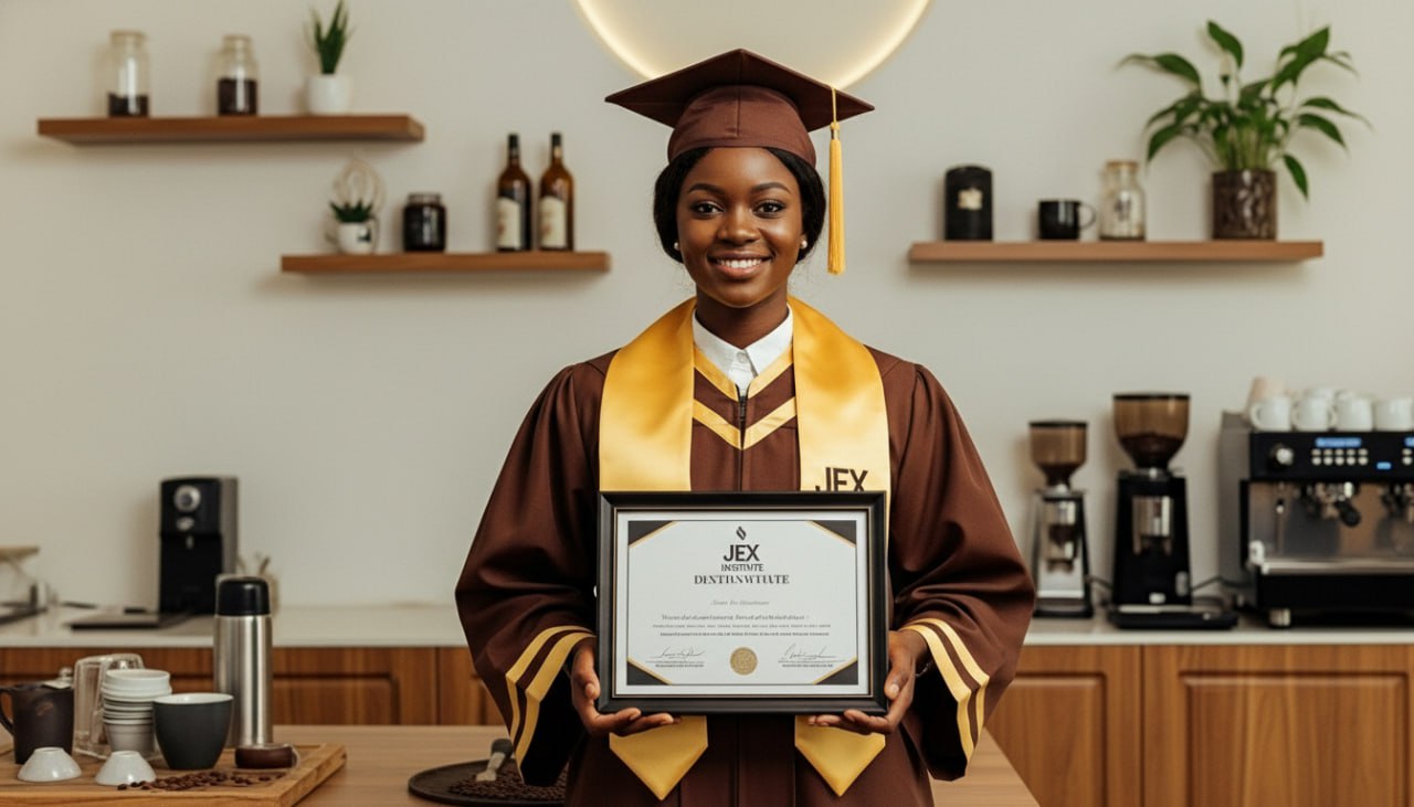 Jex Institute graduate in a gown holding a framed barista certificate
