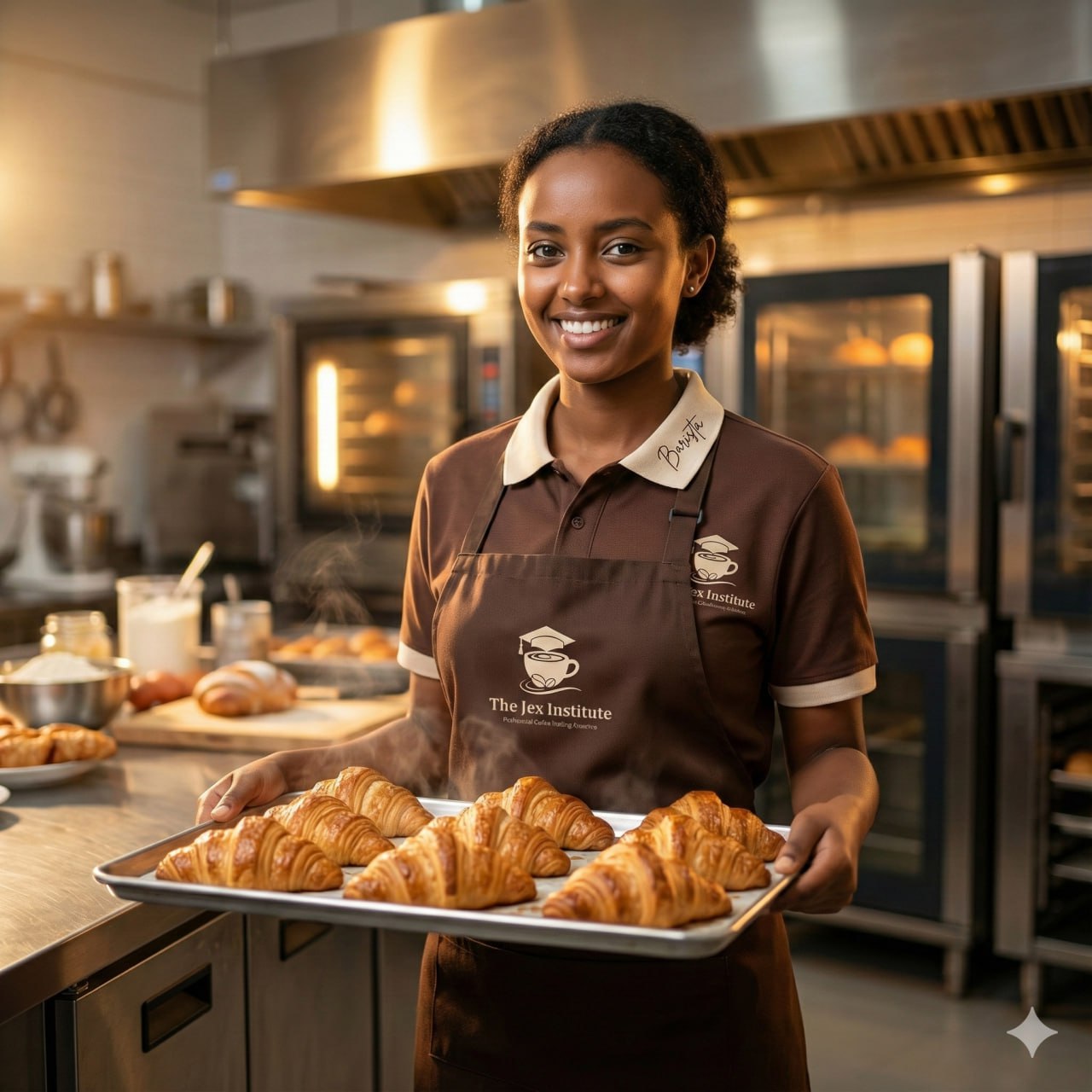 Jex Institute pastry student holding a tray of freshly baked croissants